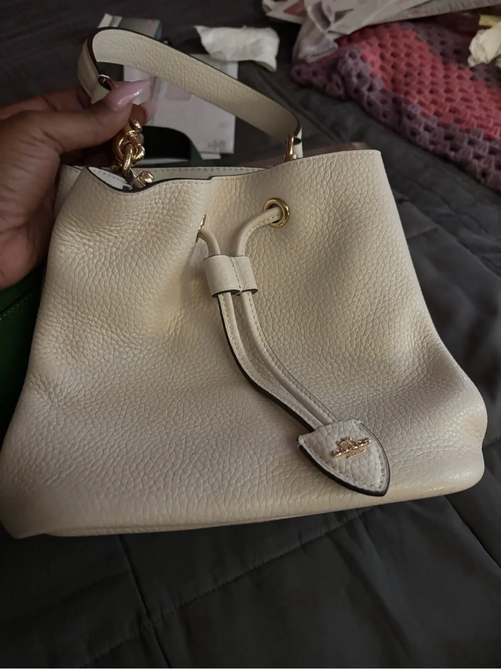Coach Cream Pebbled Leather Drawstring Bucket Bag with Gold Hardware